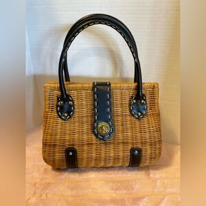 Woven Rattan Satchel with Black Leather Trim and Gold Turn-Lock